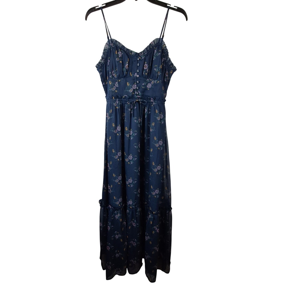 Patrons of Peace Navy Blue Floral Maxi Dress Womens M Boho Ruffle Sweetheart